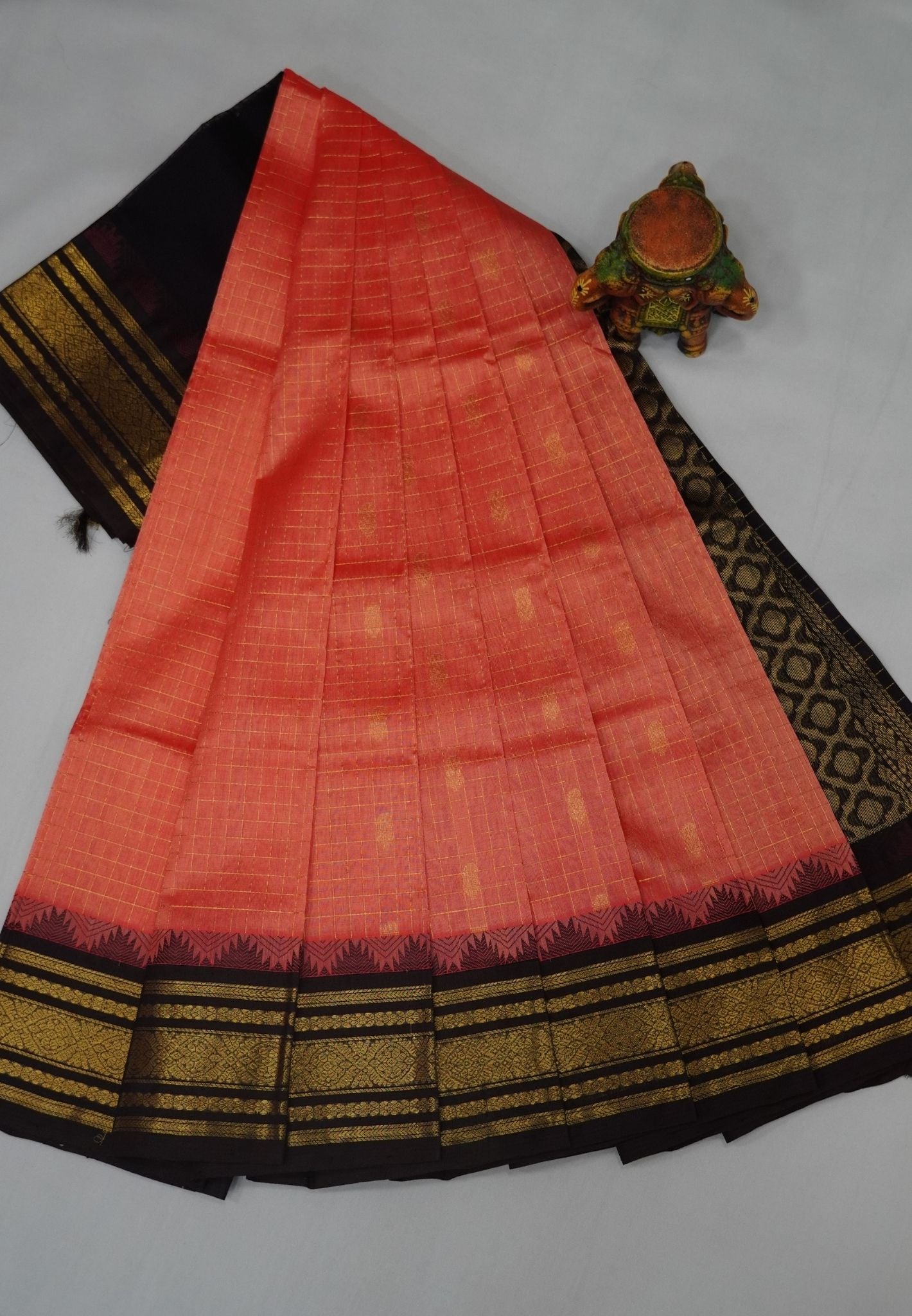 Pure Silk Cotton Saree-Peach Pink in Golden Zari Checks with Contrast Border