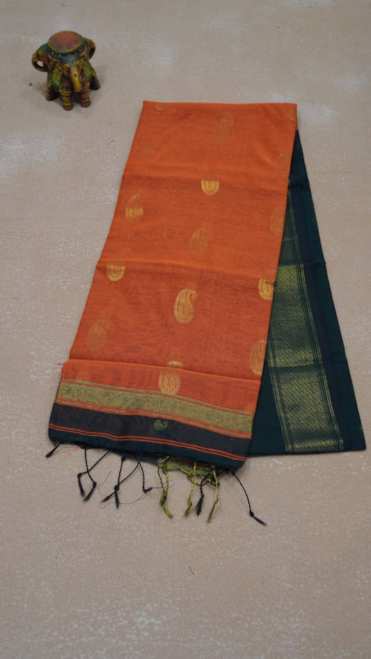 Maheswari Cotton Saree Manga Butta-Bottle Green