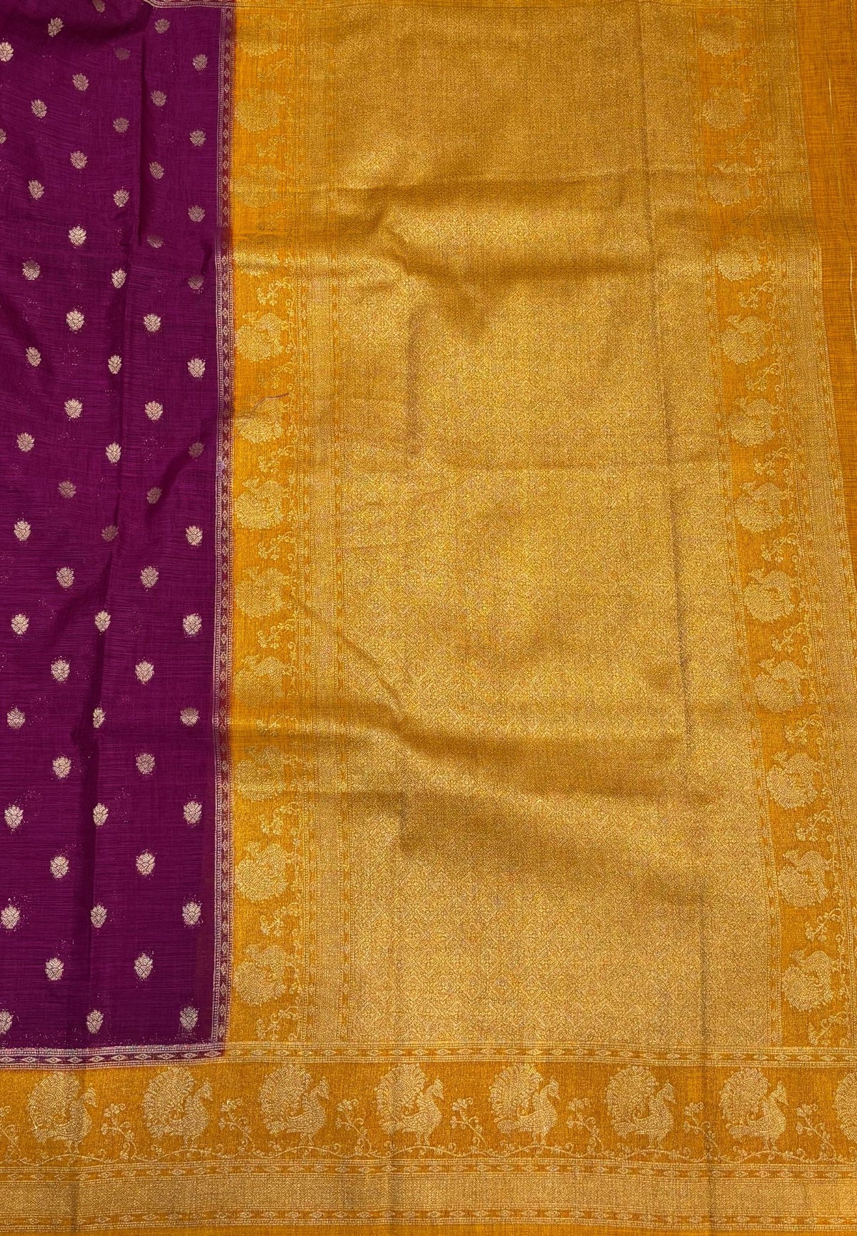 Tussar Linen Saree-Magenta Purple in Traditional Peacock Floral Zari with Contrast Border