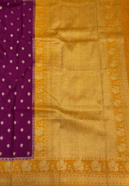 Tussar Linen Saree-Magenta Purple in Traditional Peacock Floral Zari with Contrast Border