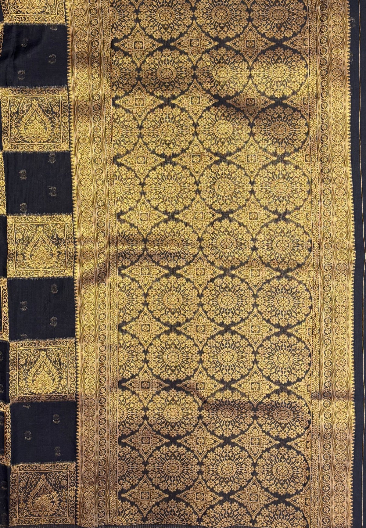 Soft Jute Tussar Saree-Black In Square Check Zari Border