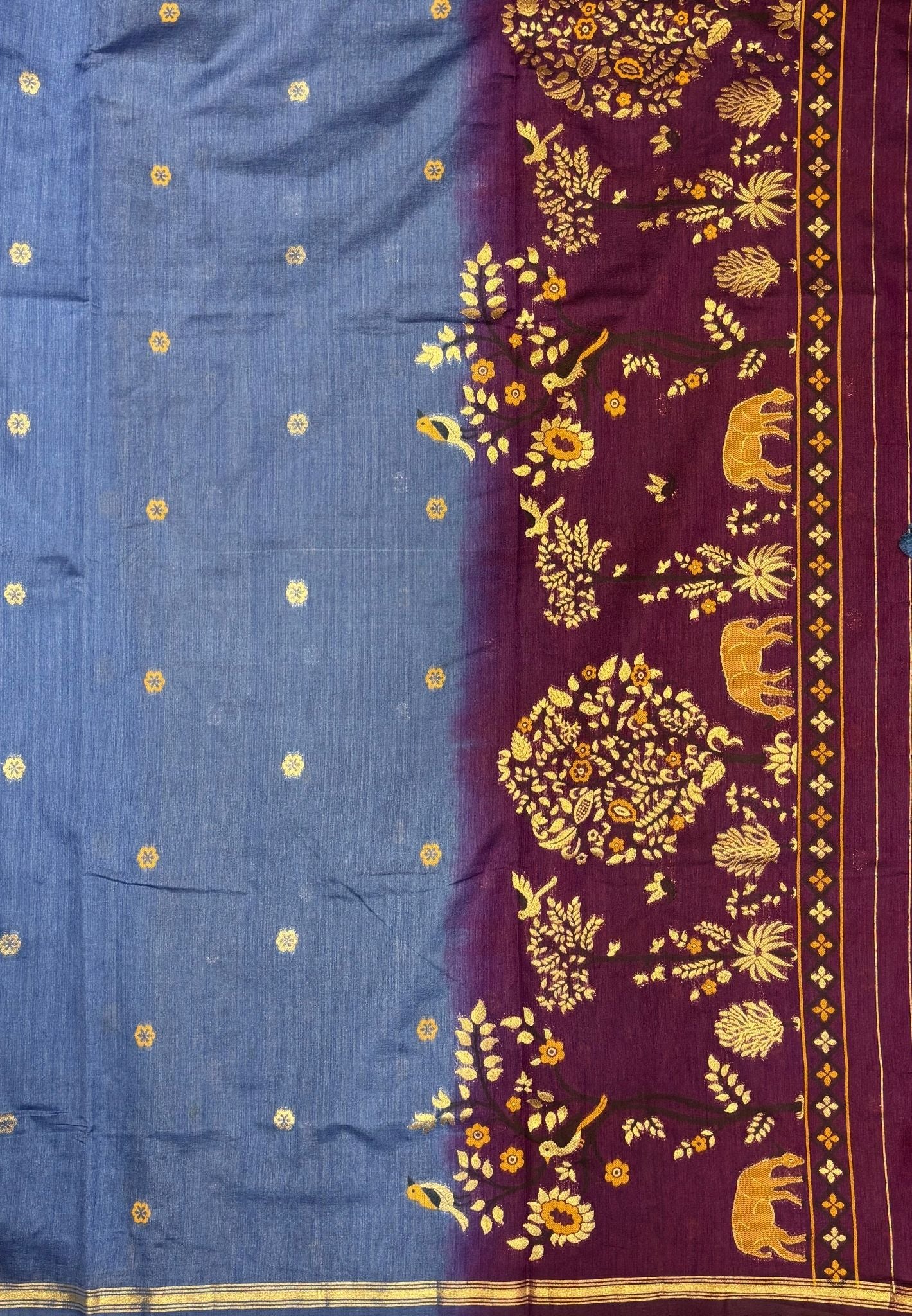 Gaji Silk Saree-Blue In Warli Tree & Elephant With Contrast Border