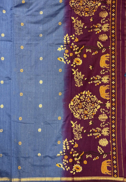 Gaji Silk Saree-Blue In Warli Tree & Elephant With Contrast Border