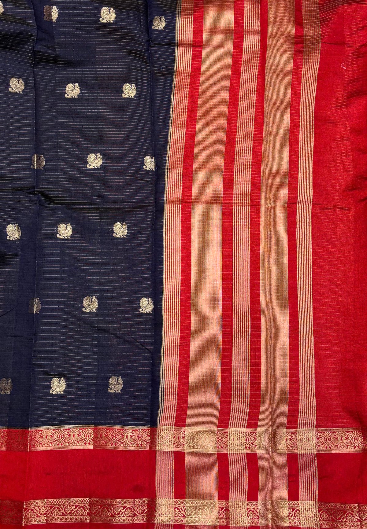 Semi Tussar Saree-Navy in Traditional Floral Zari Stripe with Contrast Border