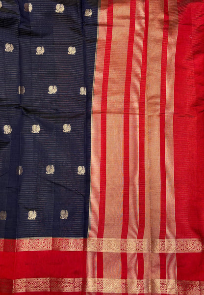 Semi Tussar Saree-Navy in Traditional Floral Zari Stripe with Contrast Border