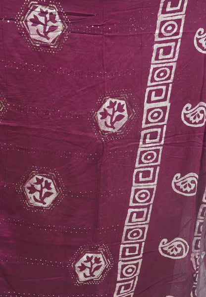 Batick Cotton Saree- Wine with Sequence Work