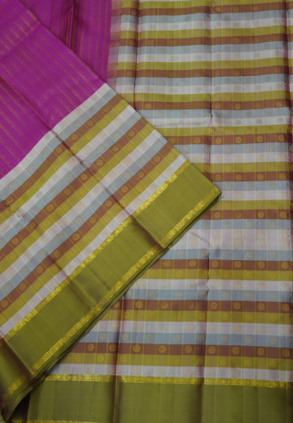 Pure Silk Saree – Rani Pink Checks with Olive Green Border