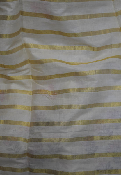 Cotton Saree – Off White with Golden Zari Stripes and Floral Print