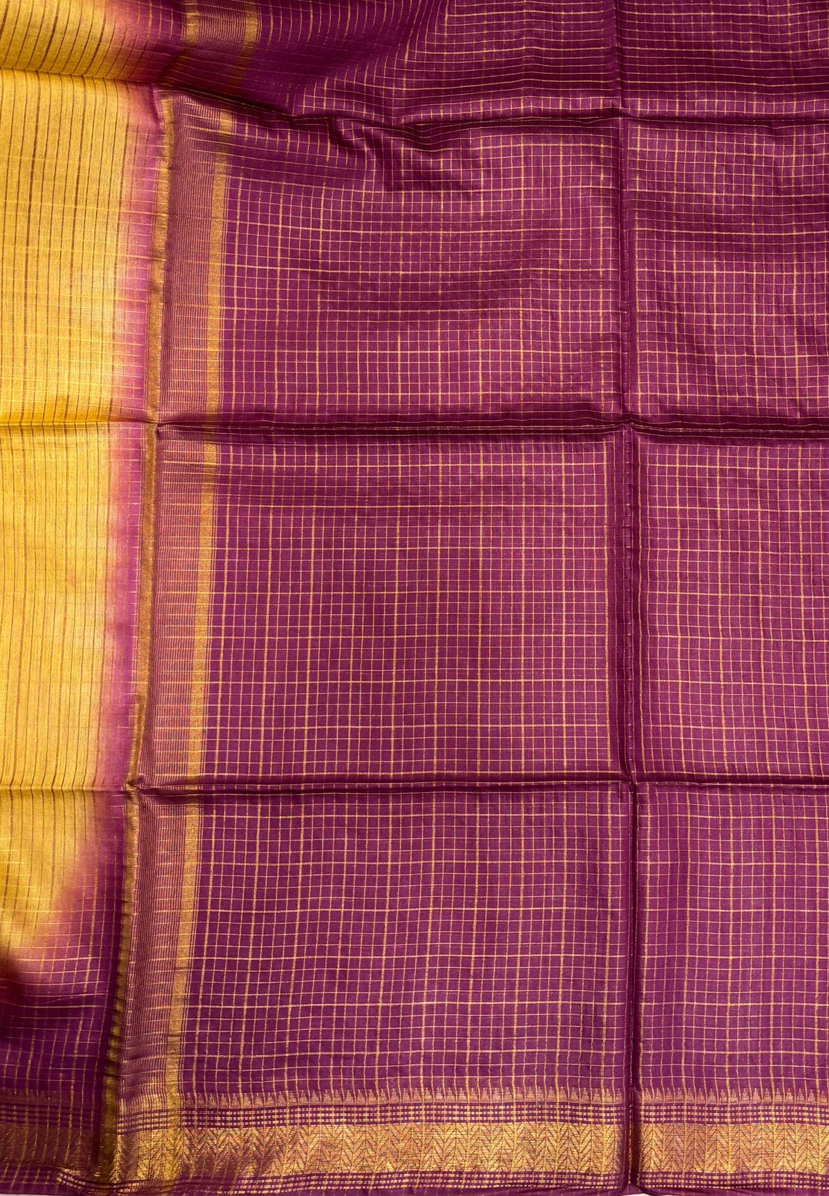 Semi Bhagalpur Tussar Saree-Yellow in Zari checks with Contrast Border