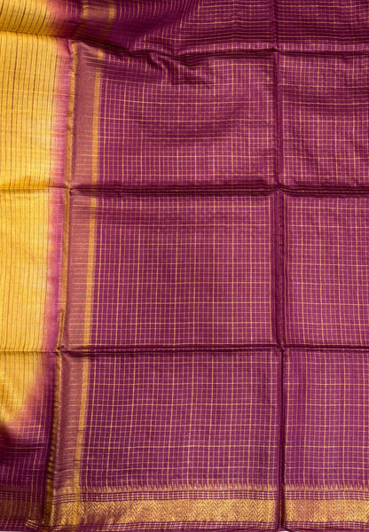 Semi Bhagalpur Tussar Saree-Yellow in Zari checks with Contrast Border