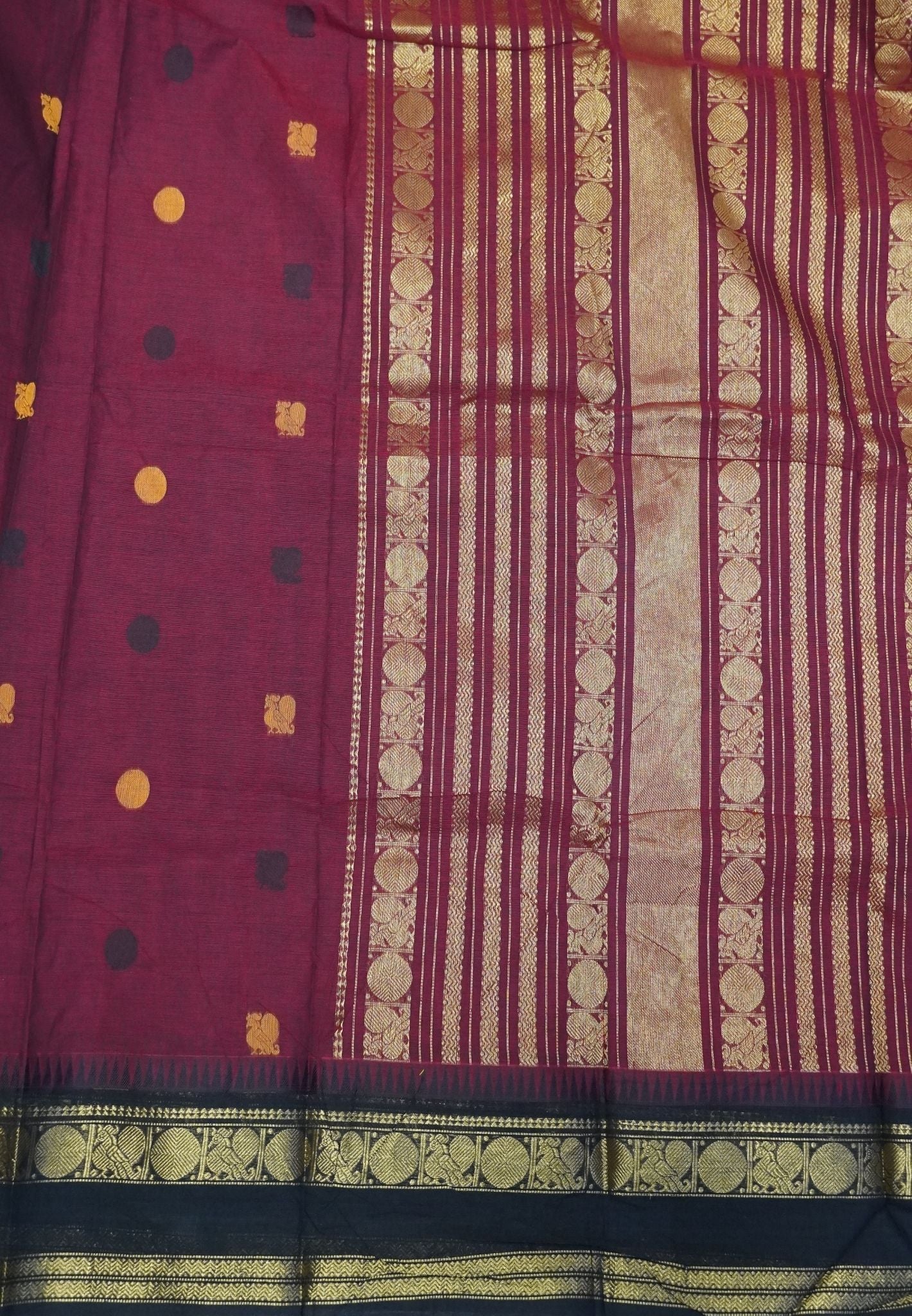 Chettinad Cotton Saree–Maroon-Black with Heritage Zari Border