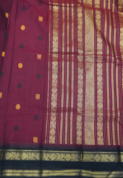 Chettinad Cotton Saree–Maroon-Black with Heritage Zari Border