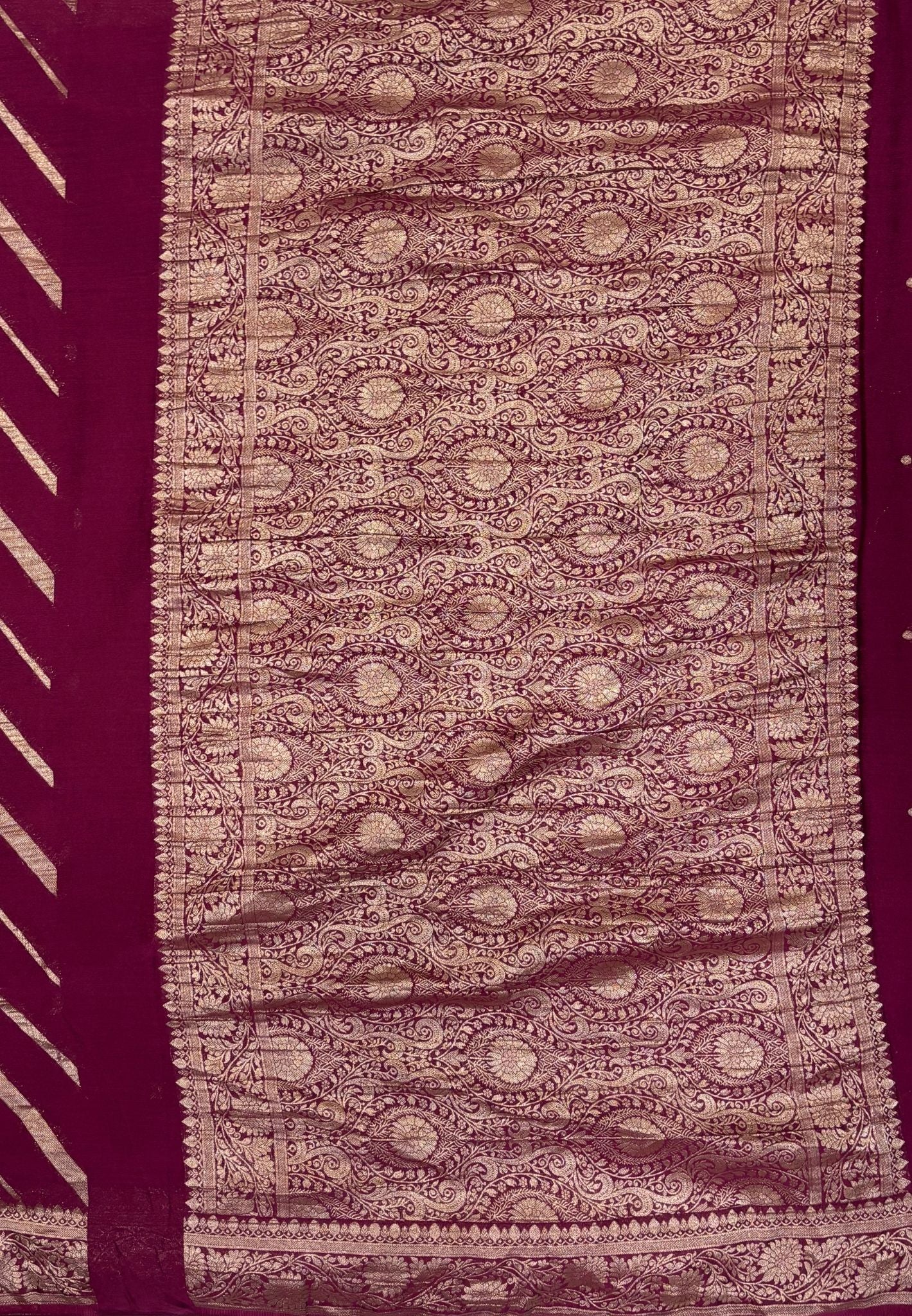 Chinon Silk Saree-Wine with Antique Floral Border