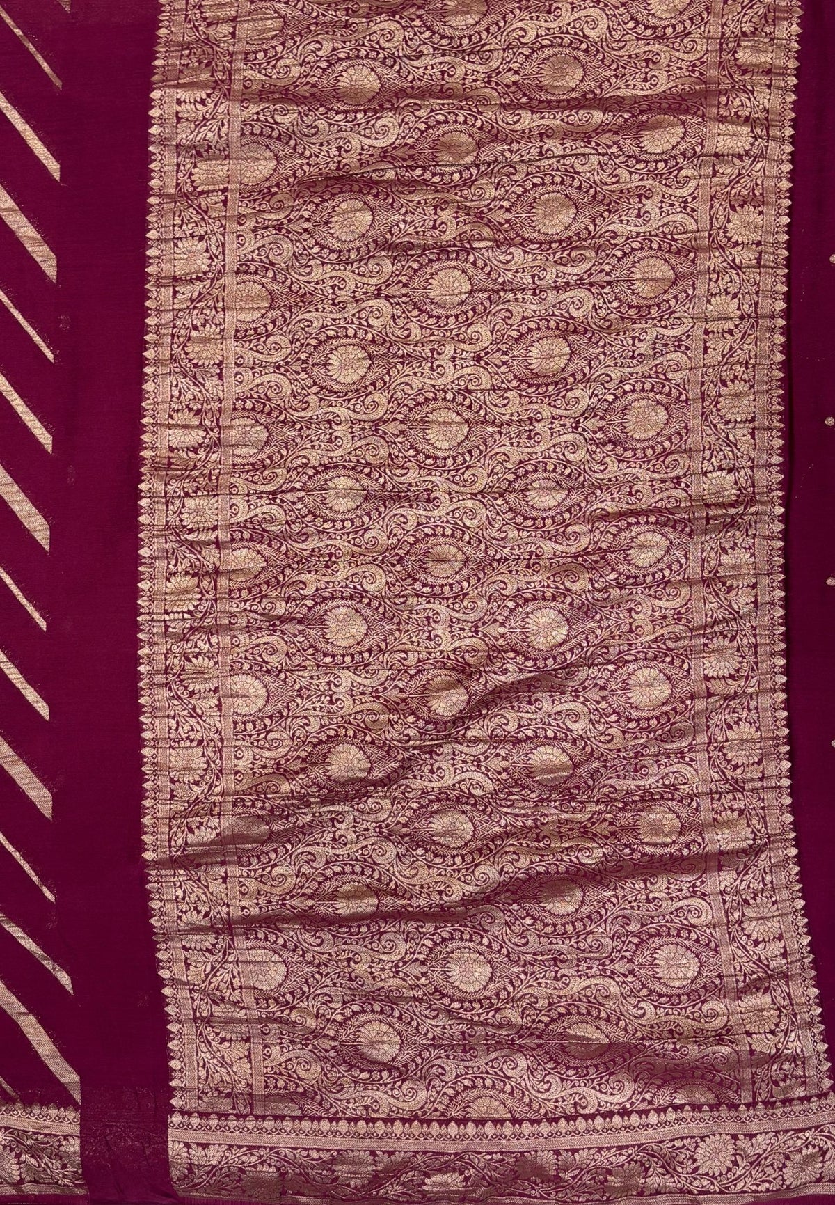 Chinon Silk Saree-Wine with Antique Floral Border
