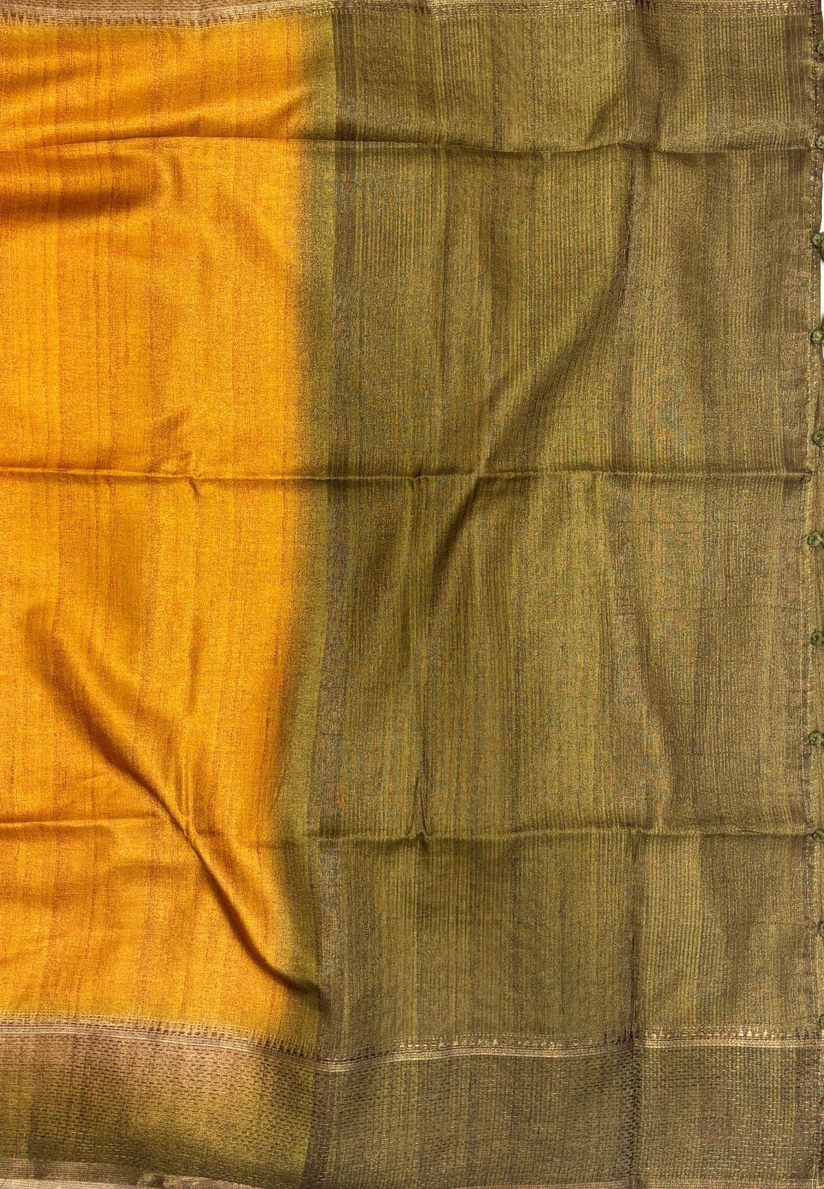 Matka Tussar Saree-Mustard in Classic Striped Zari with Contrast Border