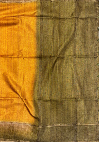 Matka Tussar Saree-Mustard in Classic Striped Zari with Contrast Border