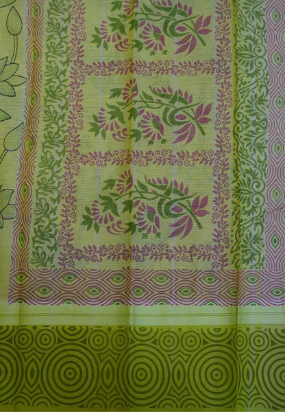 Pure Cotton Saree-Cream with Fluorescent Green in Kamala Vanam Pattern