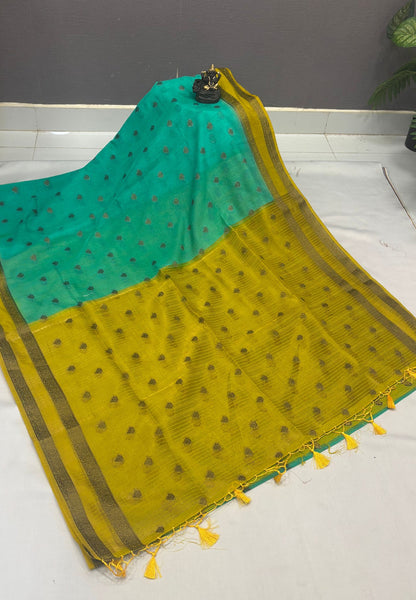 Soft Jute Saree-Teal Green-Yellow With Rettapet Border