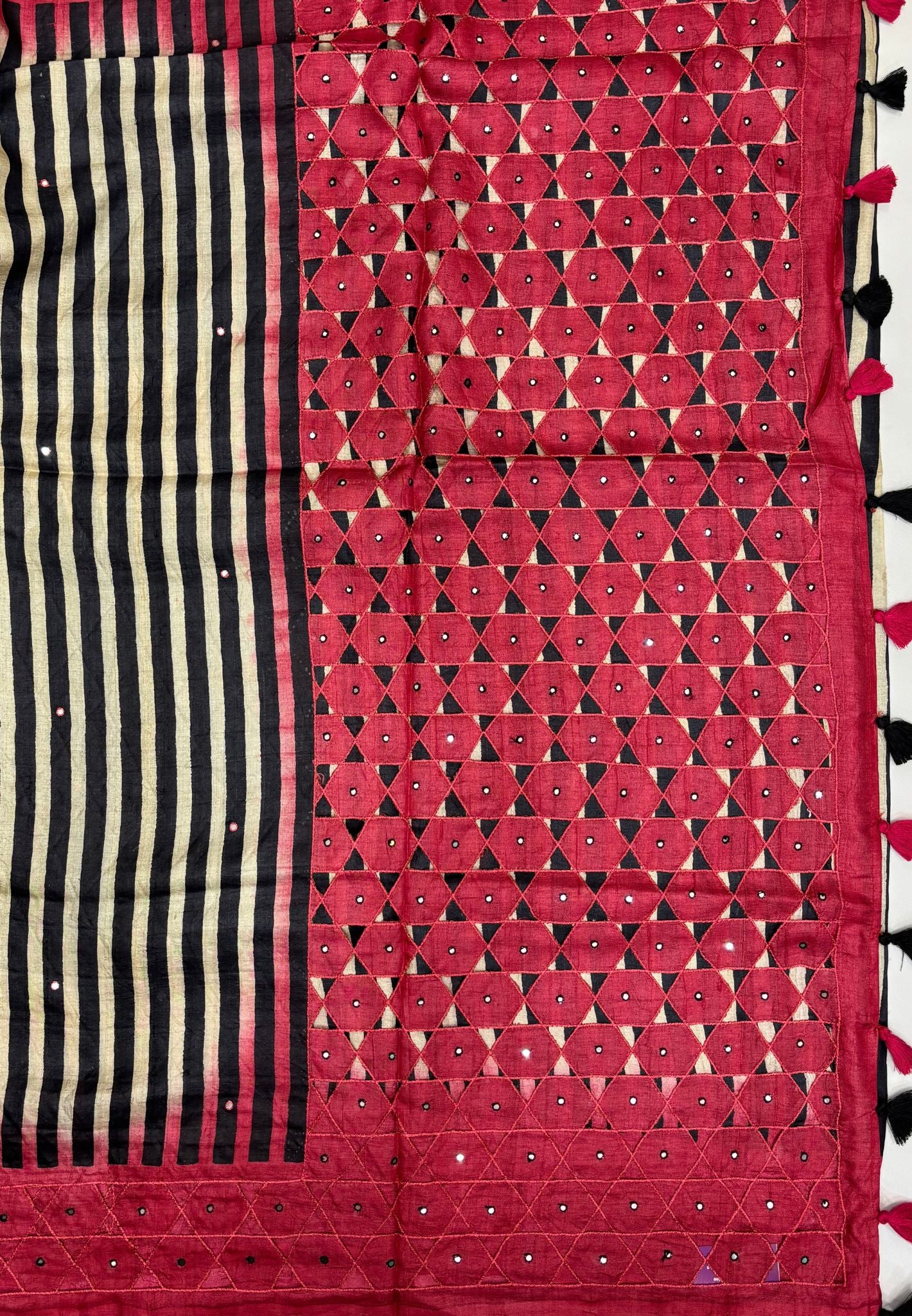 Pure Tussar Saree-Red In Striped Geometric With Contrast Border