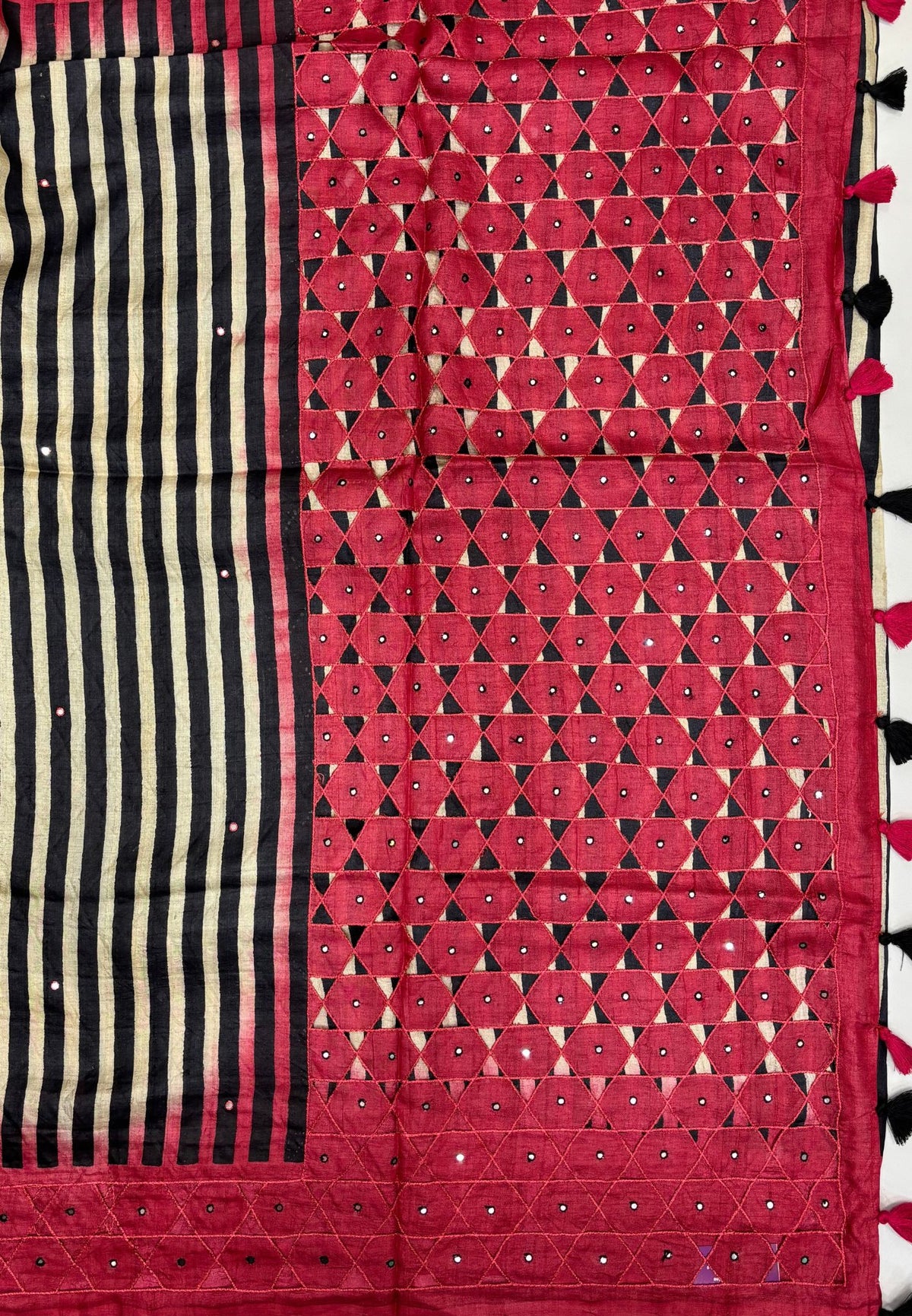 Pure Tussar Saree-Red In Striped Geometric With Contrast Border