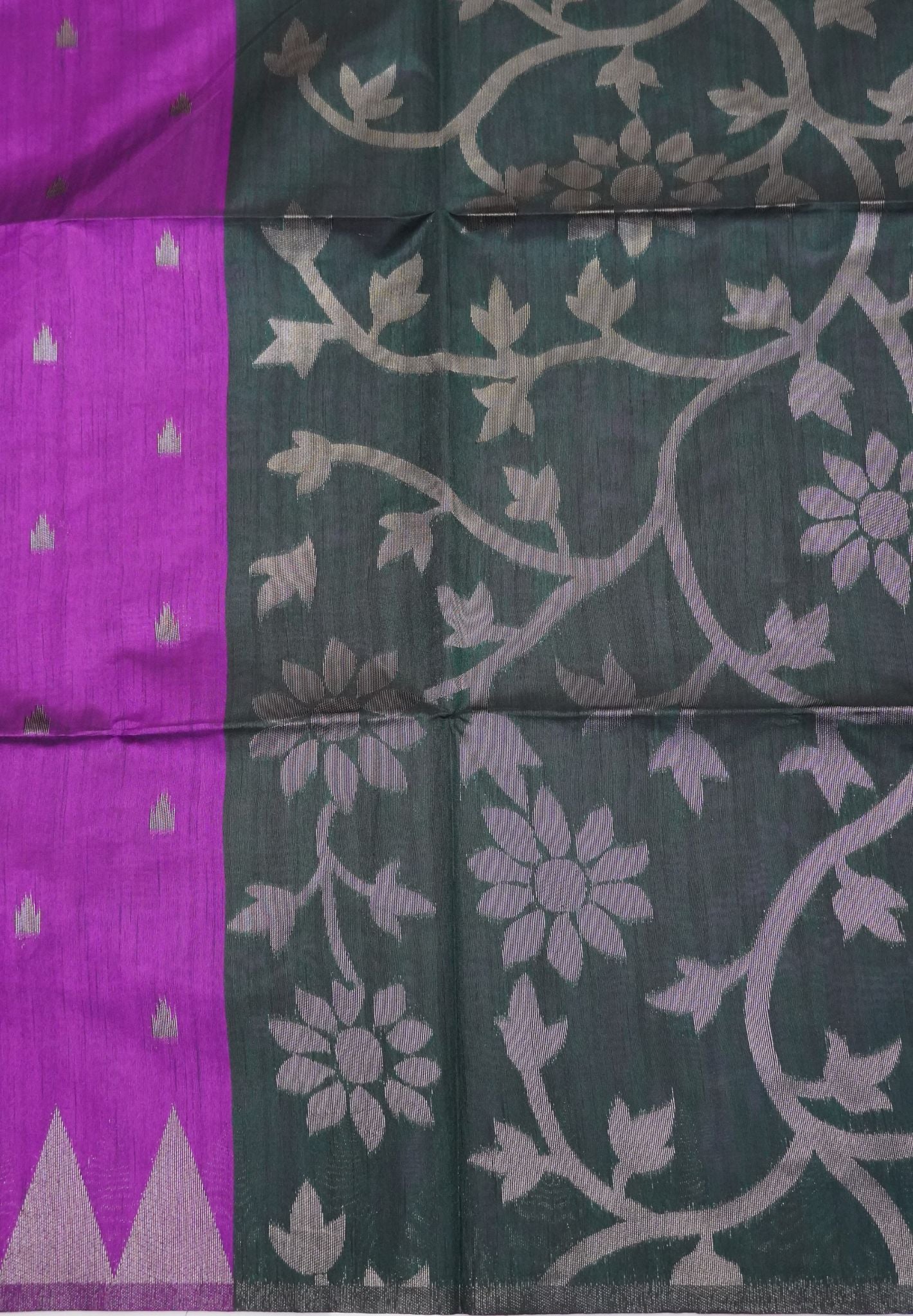 Semi Raw Silk Saree-Purple in Antique Silver Zari Butta with Tower Border
