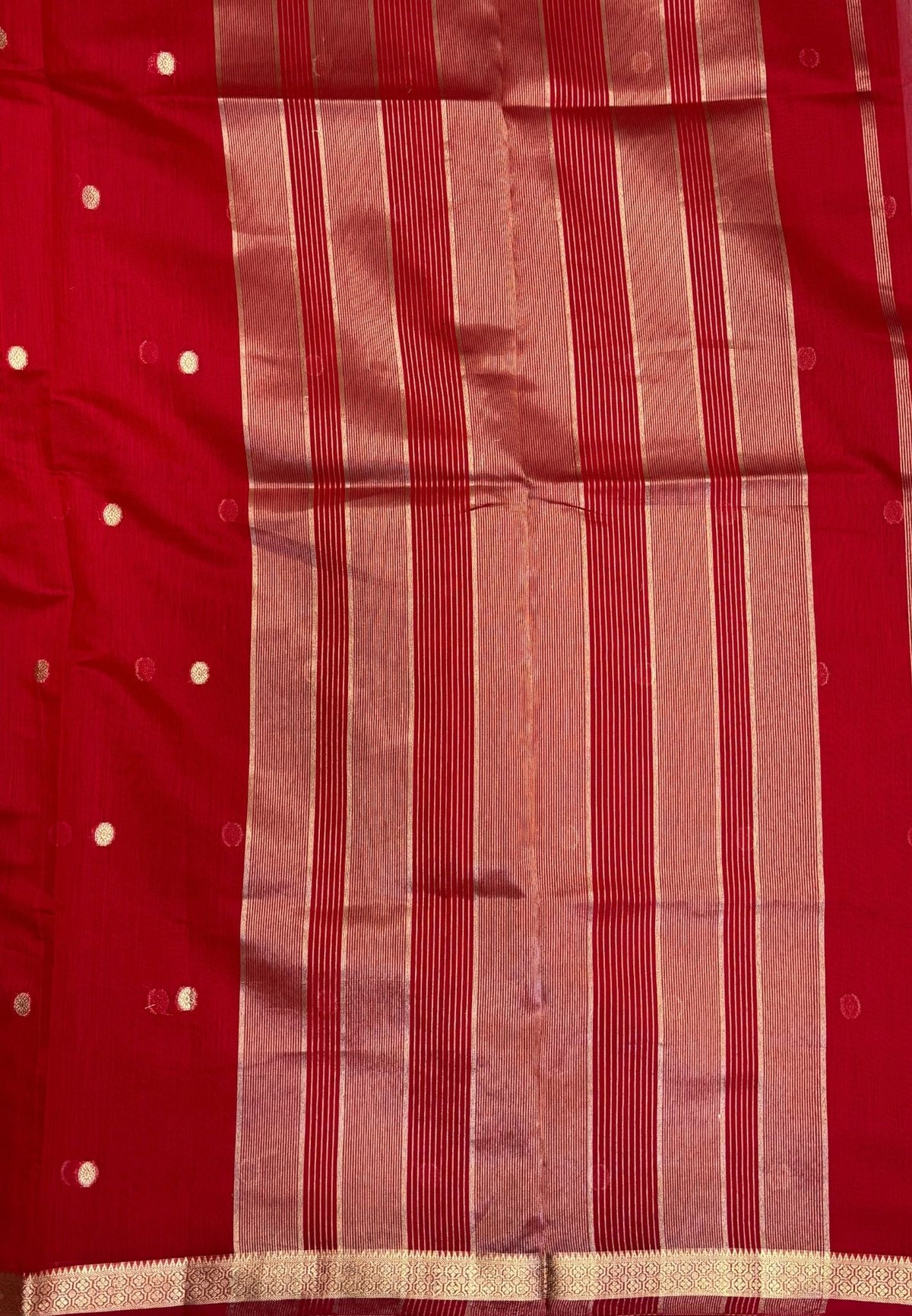 Semi Maheswari Saree-Red In Multi-Stripe Zari Border