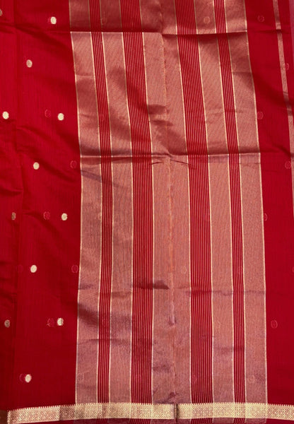 Semi Maheswari Saree-Red In Multi-Stripe Zari Border