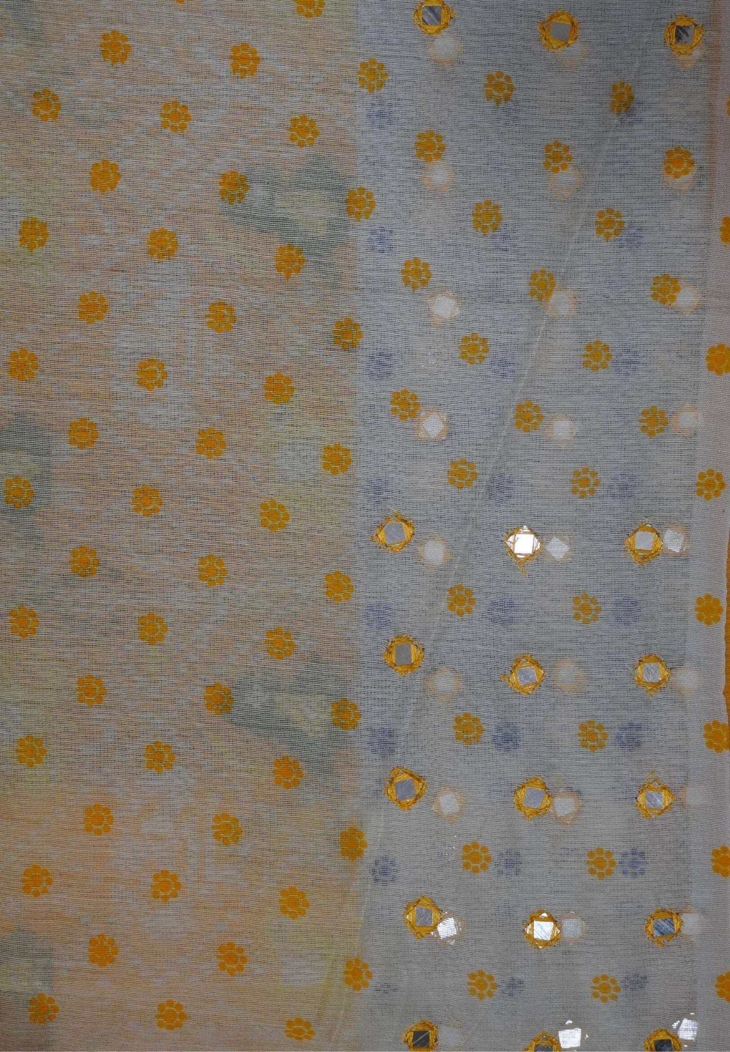 Supernet Kota Cotton Saree-Yellow with Mirror Work