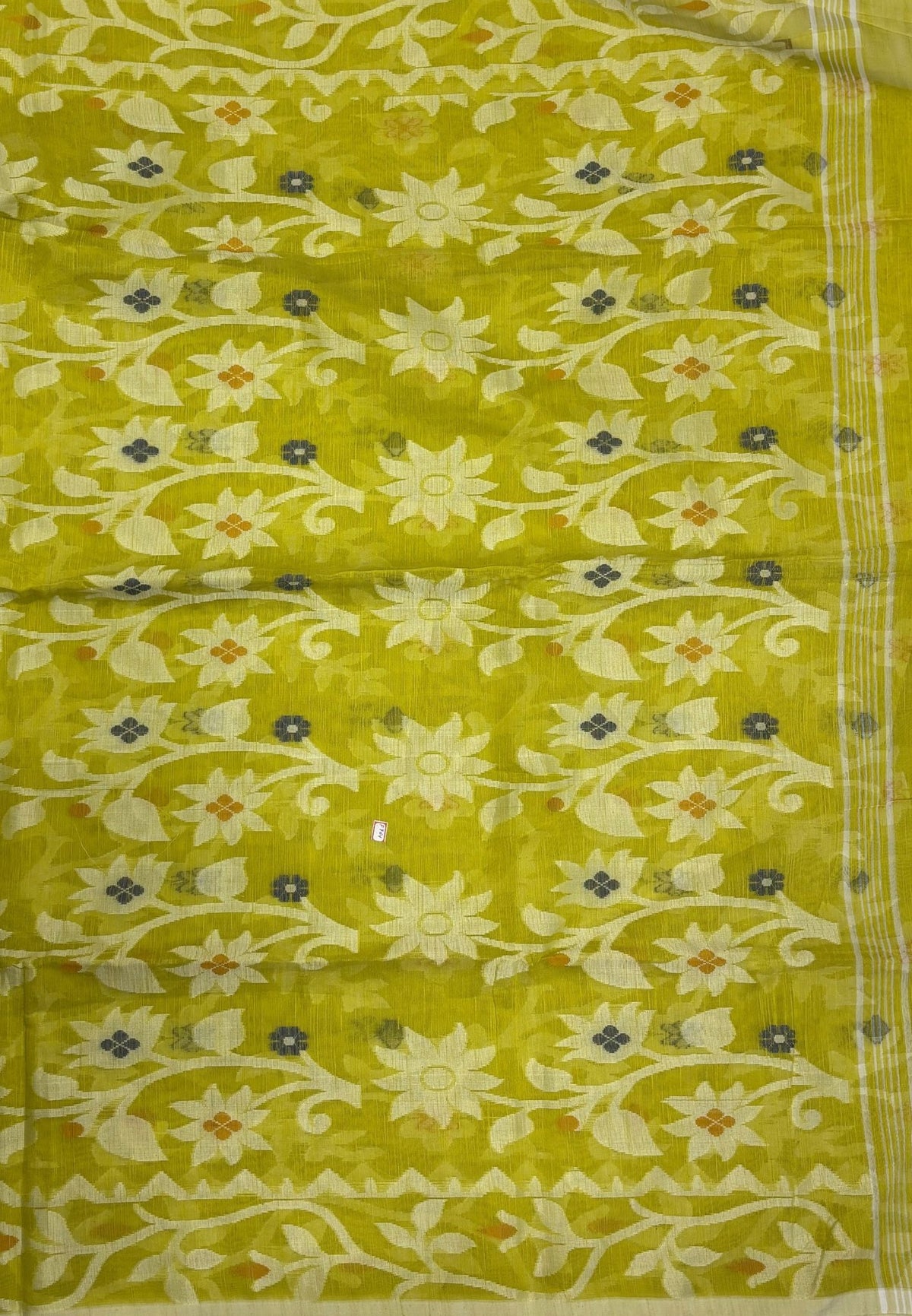 Dhakai Jamdhani Cotton Saree-Lime Green In Floral Vine Zari Border
