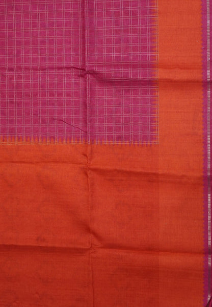 Semi Matka Tussar Saree-Pink with Contrast Border and Zari Checks