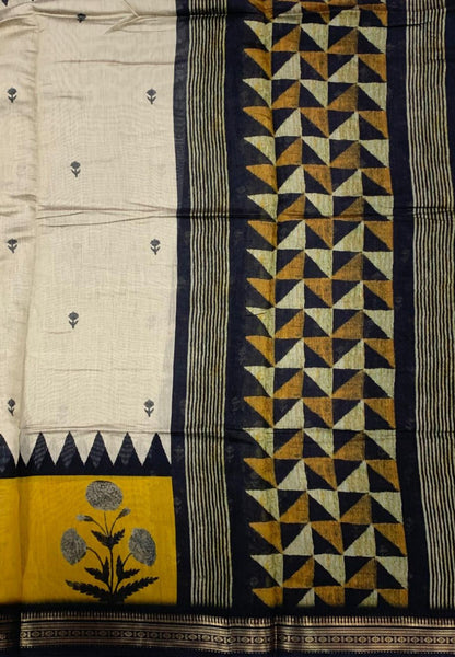 Malai Cotton Saree-Mustard in Triangle Border