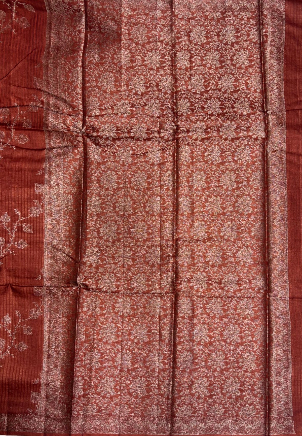 Pure Tussar Saree-Rust Orange in Floral Vine Brocade Border