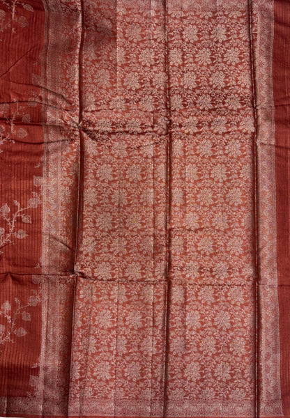 Pure Tussar Saree-Rust Orange in Floral Vine Brocade Border
