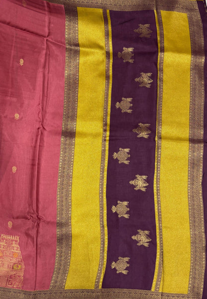 Art Mysore Silk Saree-Dusky Rose with Rajagopuram Zari Border