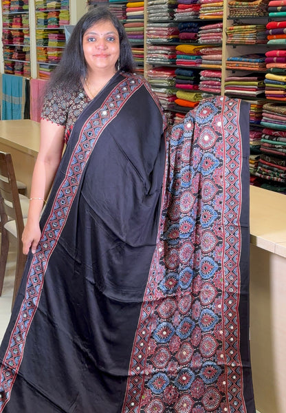 Pure Modal Silk Saree-Original Mirror Work &Traditional Printed Motifs - Black