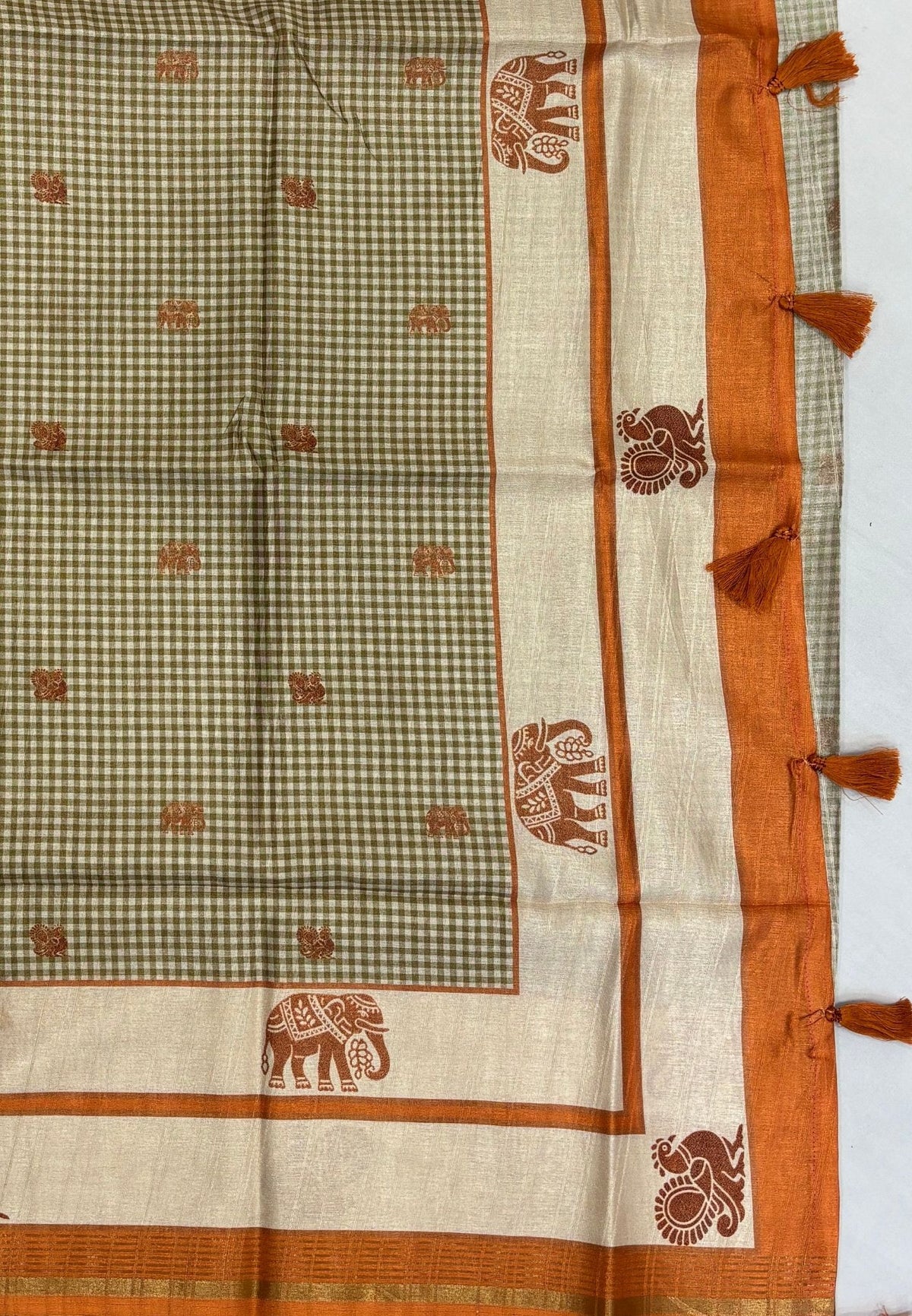 Semi Tussar Saree-Olive Green with Podi Kattam