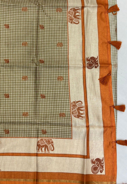 Semi Tussar Saree-Olive Green with Podi Kattam