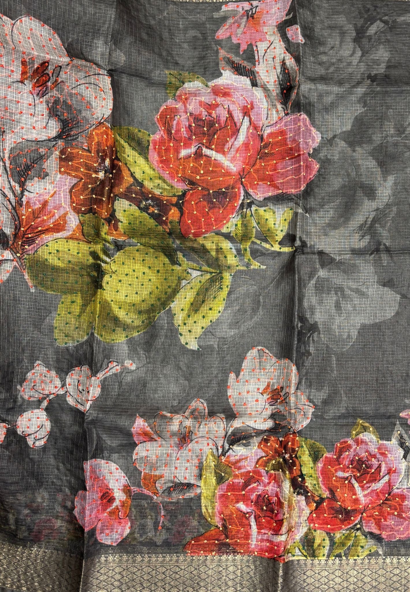 Kota Saree-Grey In French Knot Floral Border