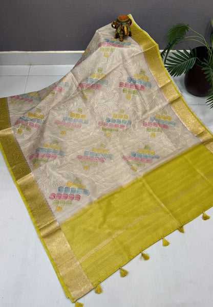 Kota Saree-Cream-Lime Green In Floral Vine Zari Border