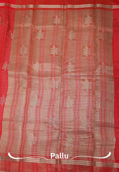 Semi Tussar Saree-Redish Pink in RainDrop Zari with Retapet Border