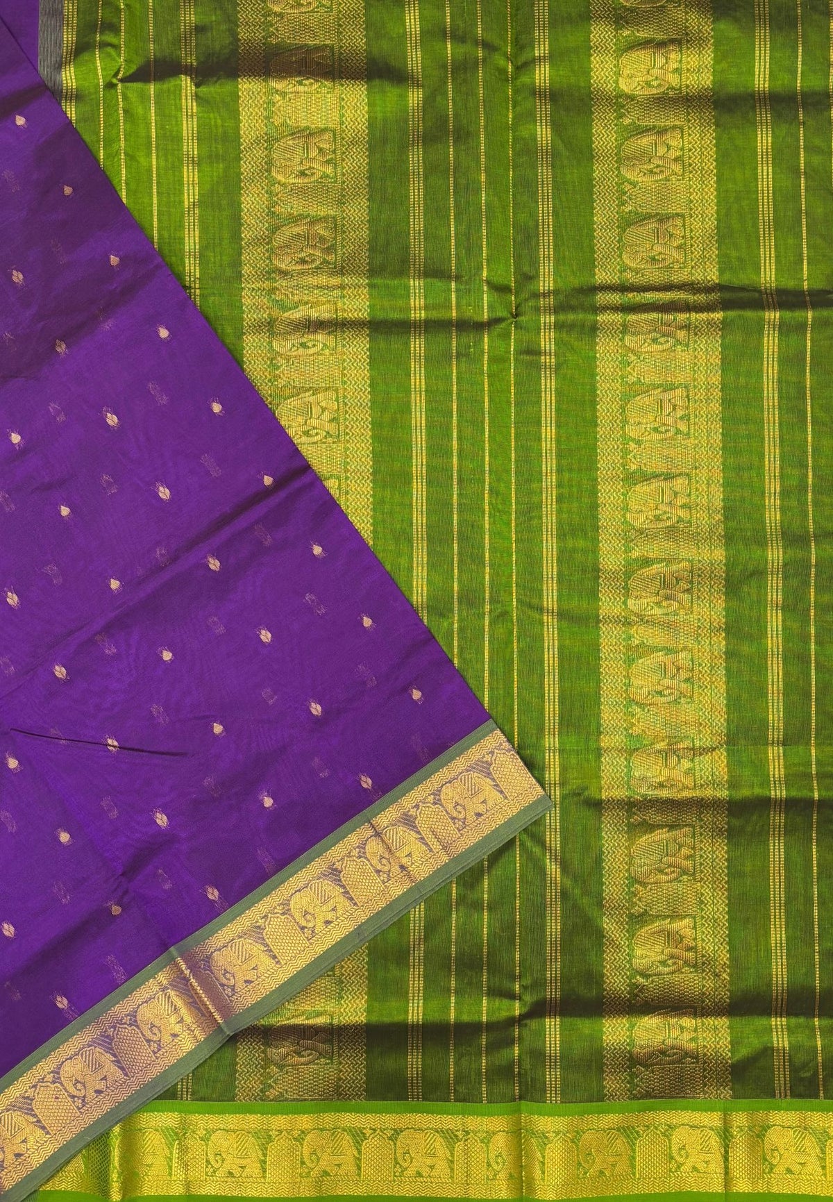 Silk Cotton Saree–Purple-Light Green in Mini Buttas with Contrast Border