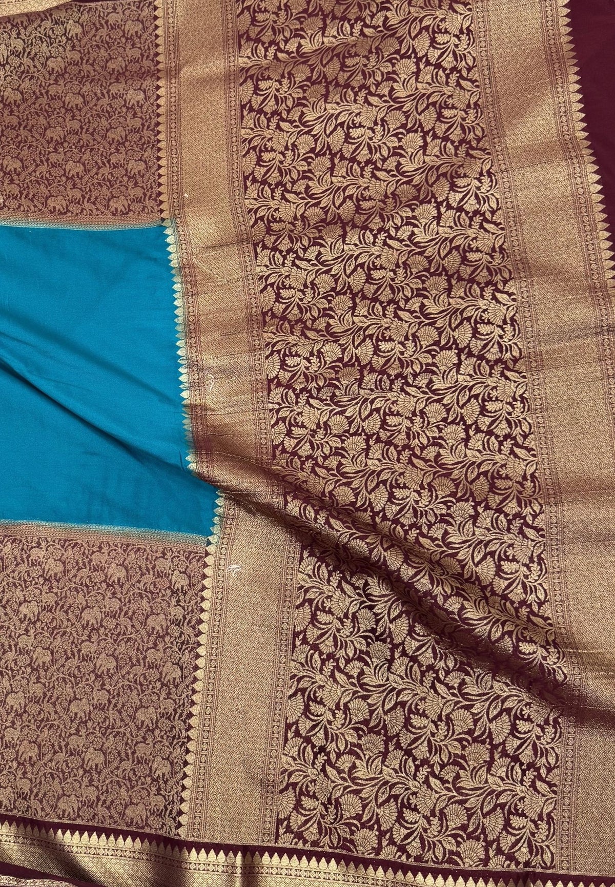 Art Mysore Silk Saree-Ramar Blue-Maroon In Floral Zari With Contrast Border