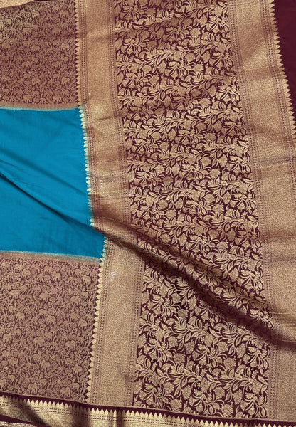 Art Mysore Silk Saree-Ramar Blue-Maroon In Floral Zari With Contrast Border