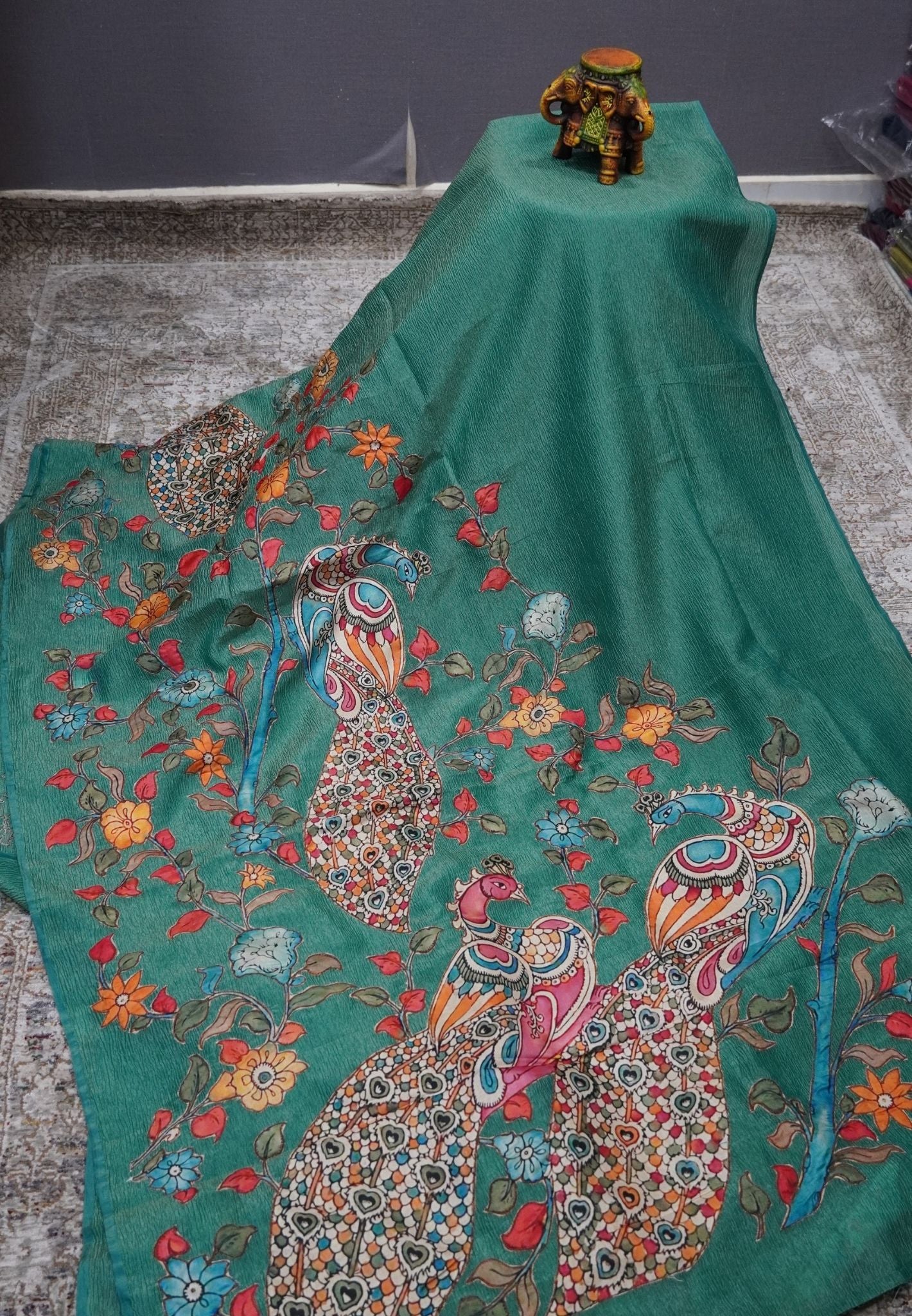 Crush Tissue Saree – Metalic Green Peacock Print