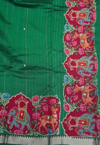 Pure Mangalgiri Silk Saree-Grass Green in Tanjore Print with Aplique Work