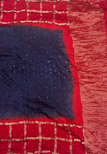 Banarasi Bandeji Saree-Navy Blue in Zari Checks with Contrast Border