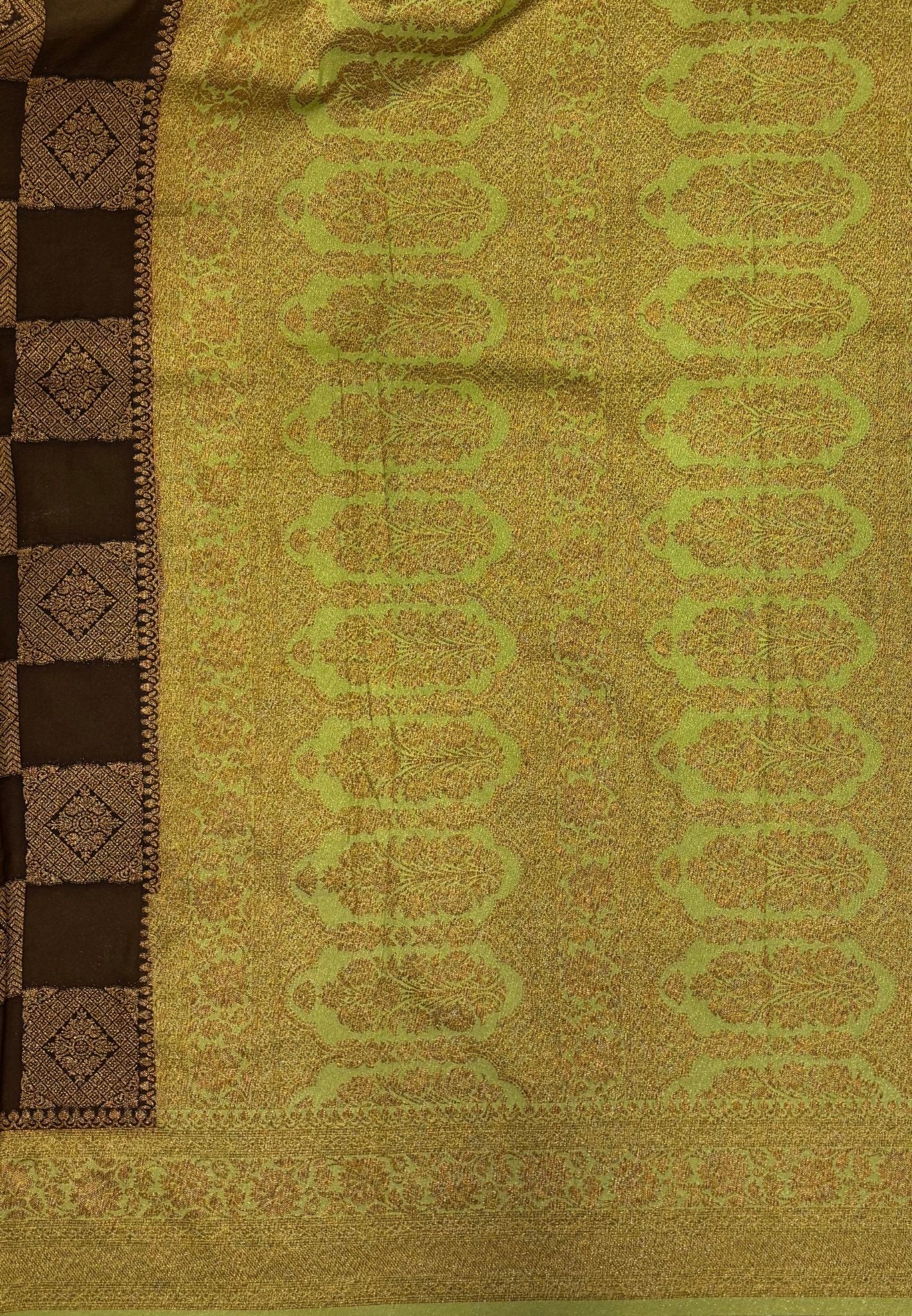 Banarasi Crepe Saree-Khaki In Square Check Brocade With Contrast Border