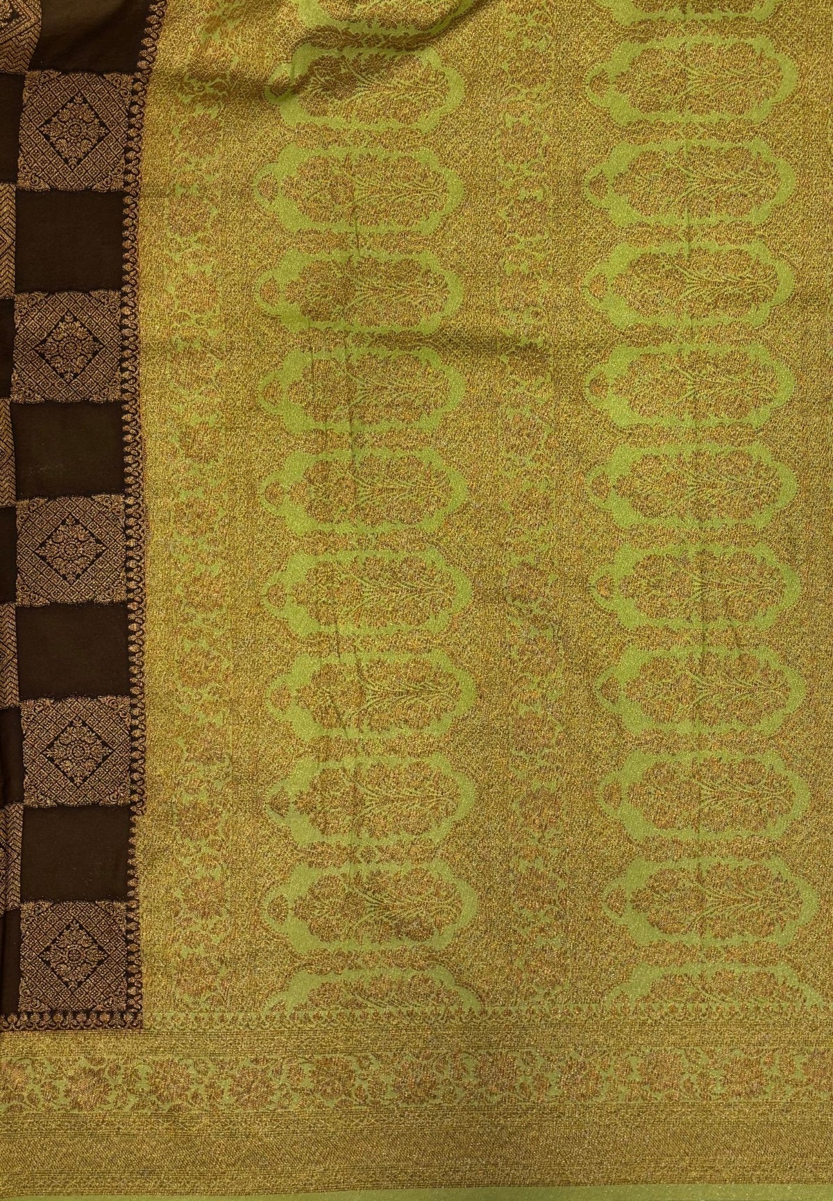 Banarasi Crepe Saree-Khaki In Square Check Brocade With Contrast Border