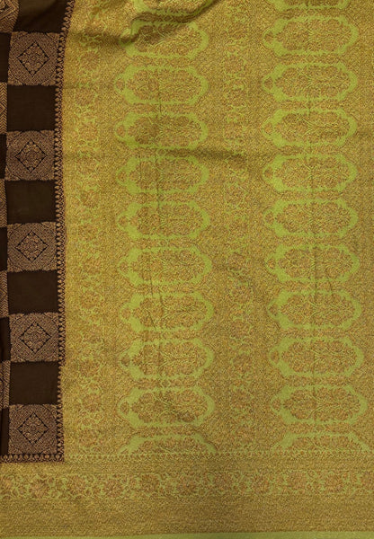 Banarasi Crepe Saree-Khaki In Square Check Brocade With Contrast Border