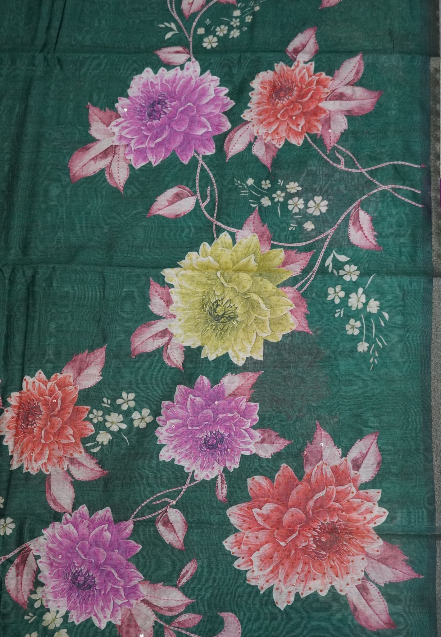 Chanderi Saree-Green with French Knot and Kantha Work